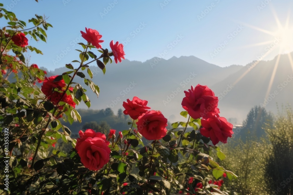 red roses blooming in the morning sun, with misty mountains visible in the background, created with generative ai