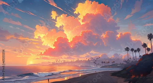 Sunset on the beach painting made with Ai generative technology