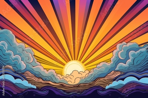 vintage poster of a psychedelic sunrise, with rays of light shining through the clouds, created with generative ai