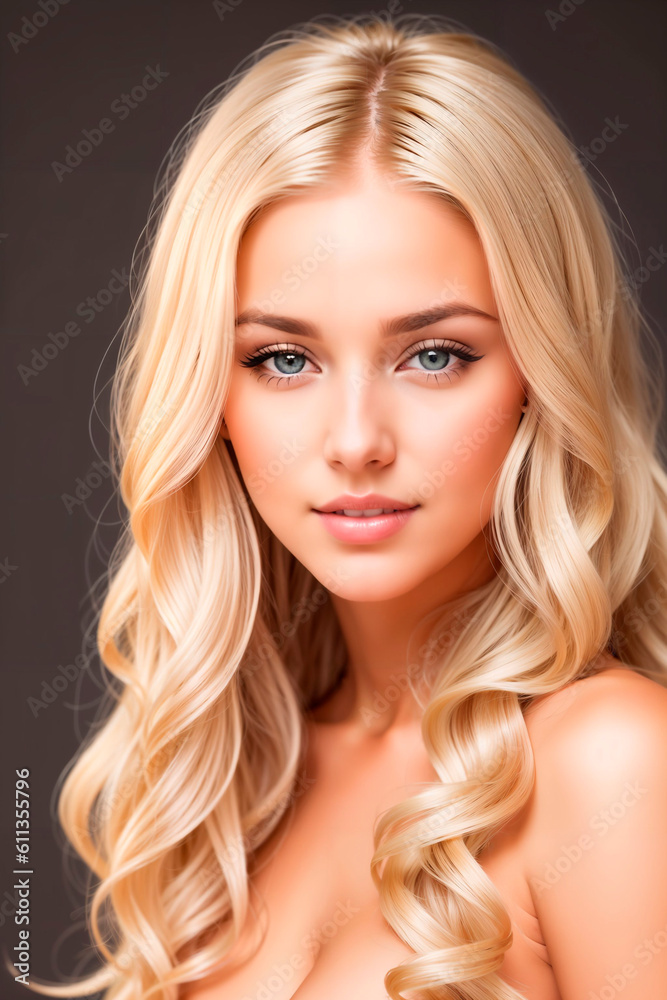 Blonde girl with long and shiny wavy hair on grey background. Beautiful model with curly hairstyle. Generative AI. Blonde girl with long and shiny wavy hair on grey background. Beautiful model with curly hairstyle. Generative AI.