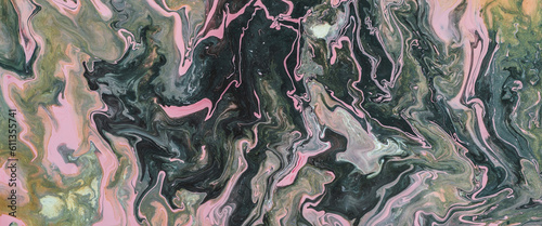 Fantasy fluid art background with dark green, orange and pink tints. Vintage dirty marble effect of acrylic paints. Chaotic liquid ink of oxide tones. Toxic abstract texture with mixing marsh colors.