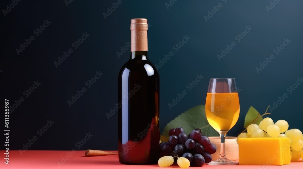 Obraz premium Bottle of wine with plate of grapes and cheese