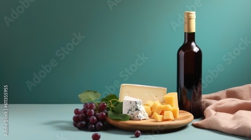 Bottle of wine with plate of grapes and cheese