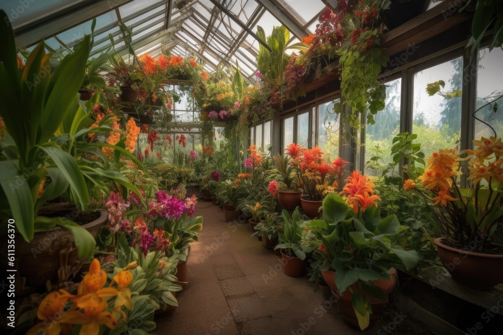 greenhouse filled with colorful, exotic plants, created with generative ai