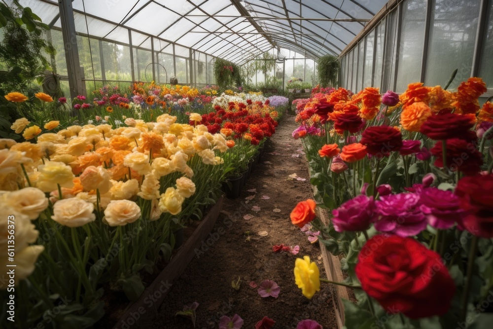 greenhouse filled with vibrant blooms, from roses to tulips, created with generative ai