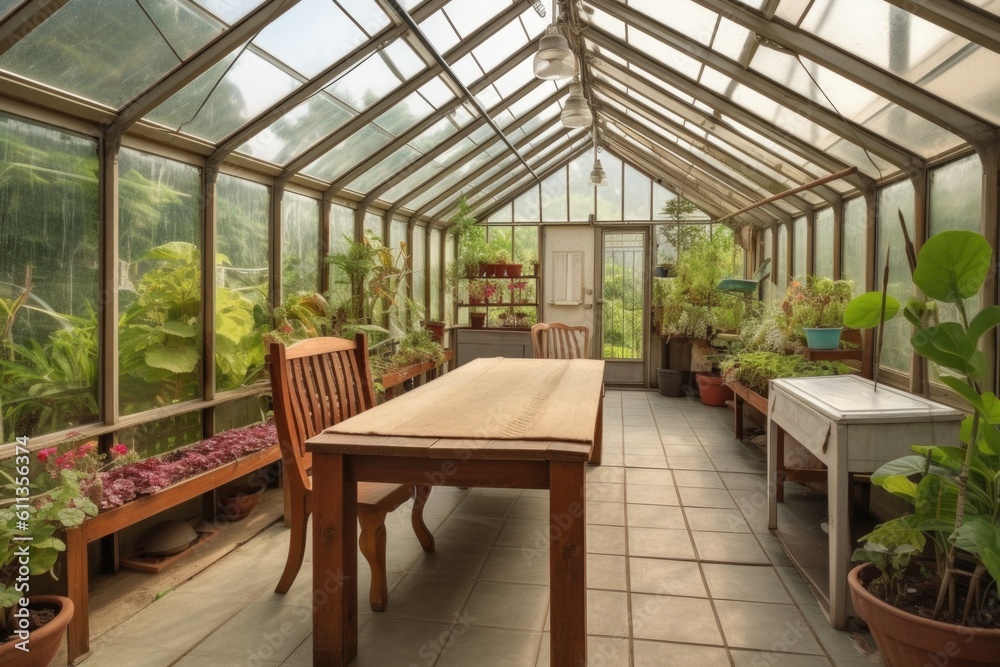 Fototapeta premium greenhouse with table and chairs for enjoying the fresh air, sun, and beauty of nature, created with generative ai