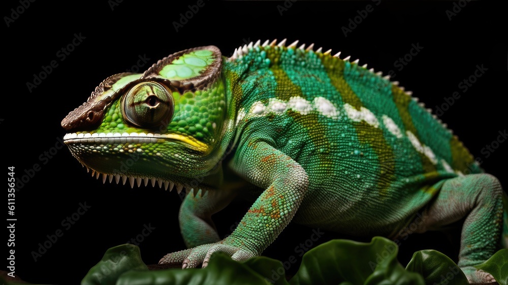 Obraz premium A green colored chameleon in nature. Generative Ai