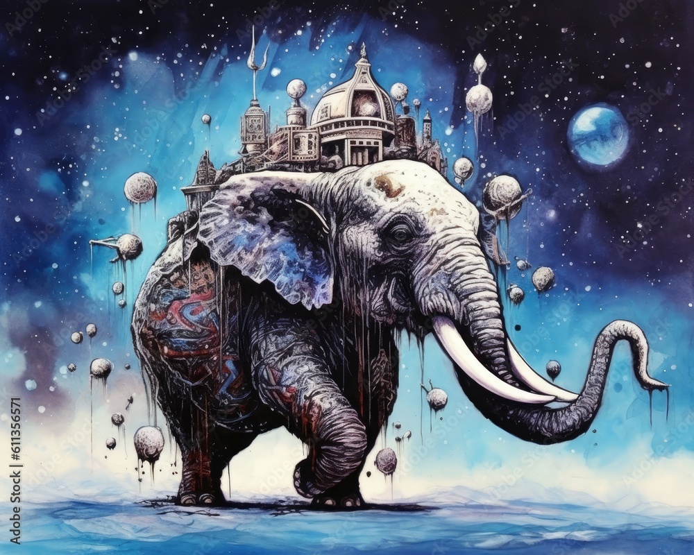 Obraz premium art elephant in space . dreamlike background with elephant . Hand Drawn Style illustration