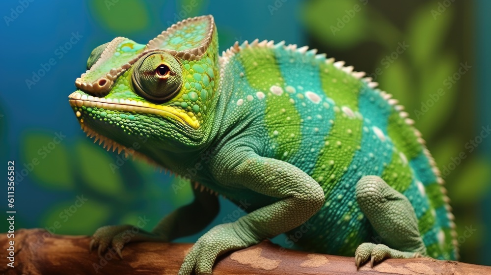Fototapeta premium A green colored chameleon in nature. Generative Ai