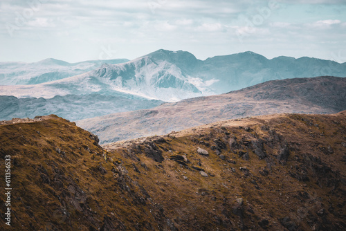 Wide shot of scenic mountains and peaks in the Lake District National Park England