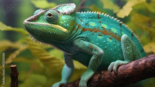 A green colored chameleon in nature. Generative Ai © tong2530