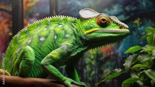 A green colored chameleon in nature. Generative Ai