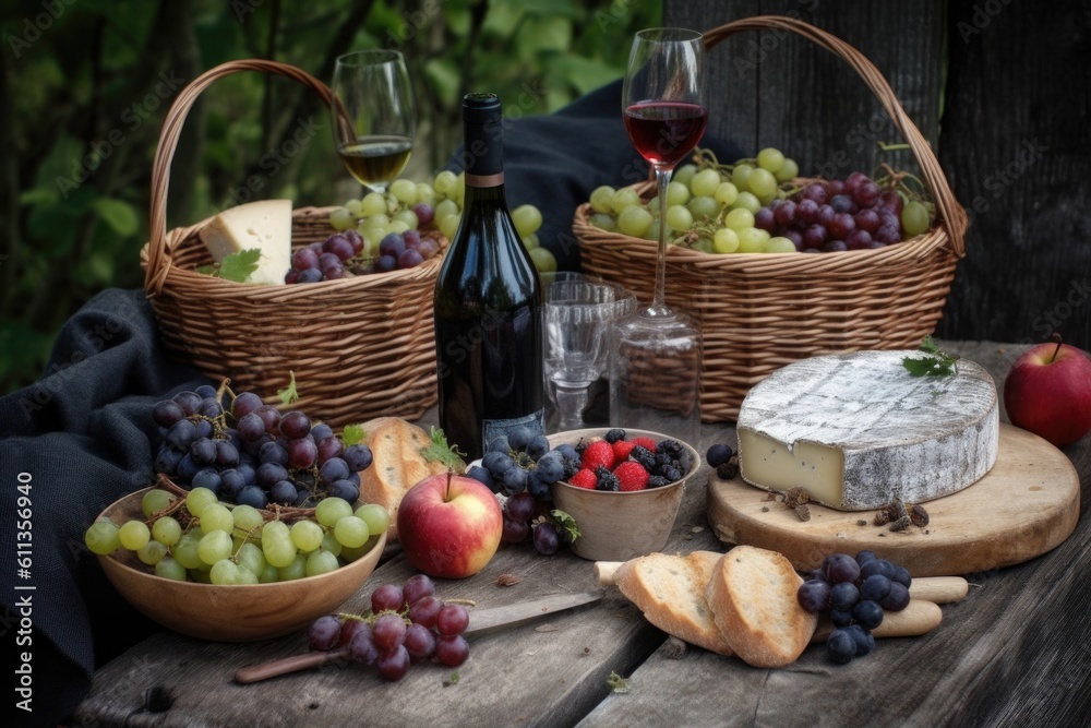 a rustic picnic with a basket of fruits, cheese, and wine glasses, created with generative ai a rustic picnic with a basket of fruits, cheese, and wine glasses, created with generative ai