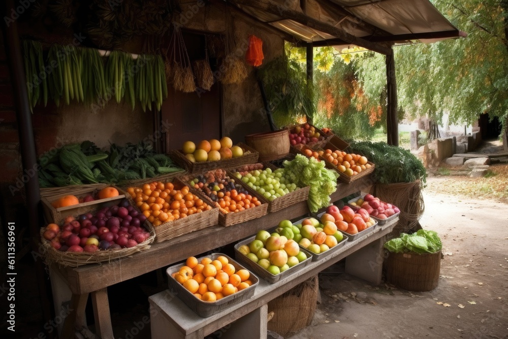 fruit stand, with freshly picked fruit and vegetables for sale, created with generative ai fruit stand, with freshly picked fruit and vegetables for sale, created with generative ai