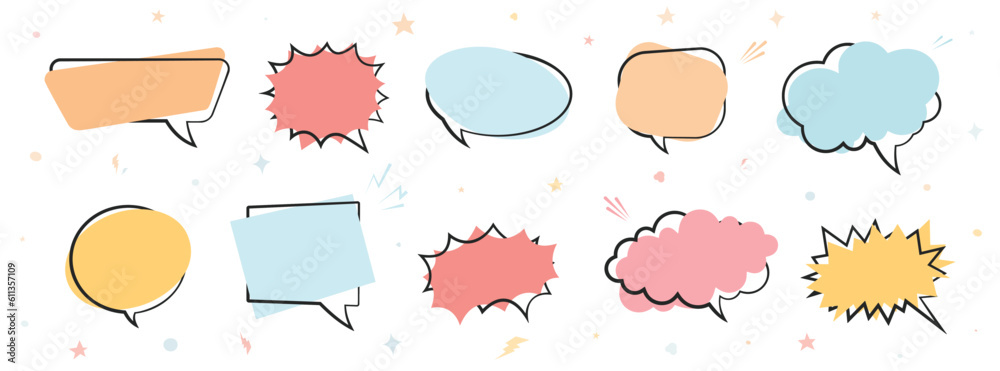 Cartoon empty retro comic style speech bubbles set in pastel colors. Hand drawn pop art, vintage speech clouds, thinking bubbles, and conversation text elements. Vector illustration