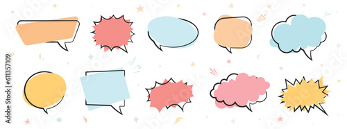 Cartoon empty retro comic style speech bubbles set in pastel colors. Hand drawn pop art, vintage speech clouds, thinking bubbles, and conversation text elements. Vector illustration
