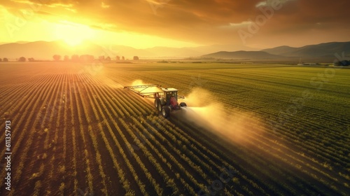 Fotografia, Obraz Aerial view of Tractor Spraying Pesticides on Green Soybean Plantation at Sunset