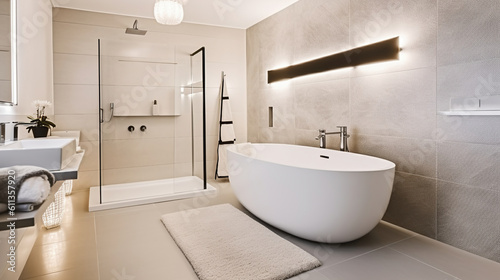 A Stylish Spacious Bathroom with a White Ceramic Bathtub  Glass Shower Cabin  Heated Towel Rail  and Illuminated Elegance. Generative AI
