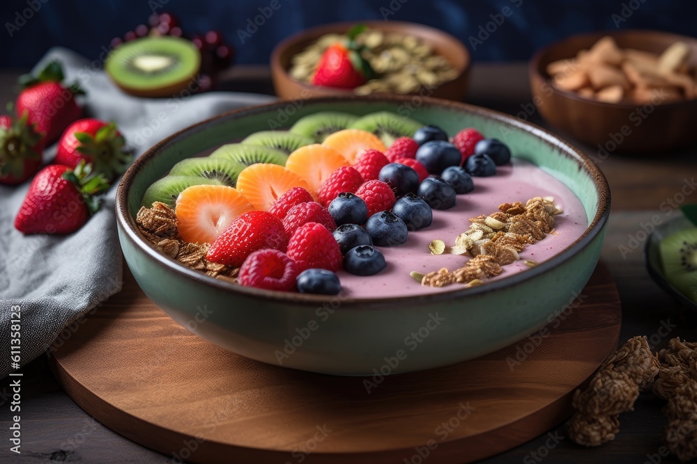 smoothie bowl, topped with mix of fresh fruit and granola, created with generative ai smoothie bowl, topped with mix of fresh fruit and granola, created with generative ai