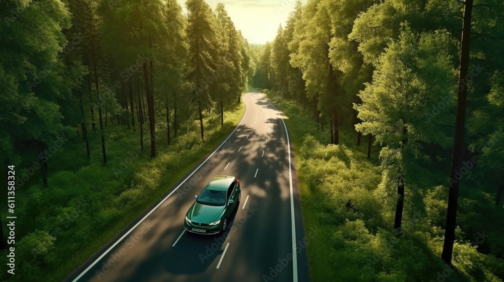 Aerial view of Electric car and EV electrical energy for environment, EV car on forest road. Ecosystem ecology healthy environment. Generative Ai - obrazy, fototapety, plakaty 