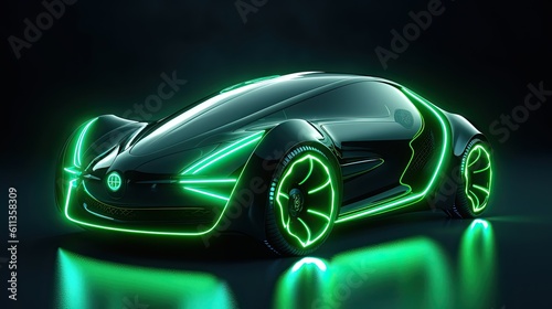 A futuristic electric car with motion green lighting. Automotive innovation and technology concepts. Generative Ai © tong2530
