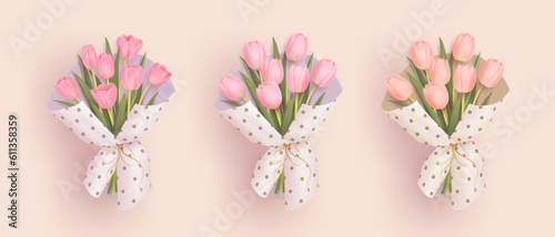 Set of realistic 3d tulips bouquet isolated on background. Vector illustration