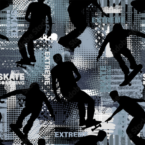 Abstract seamless grunge pattern for boy. Urban style modern background with boys on skateboards. Sport extreme style creative wallpaper for guys.
