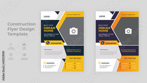 Construction tools cover, back page a4 template. building construction tools flyer design, home improvement flyer template.