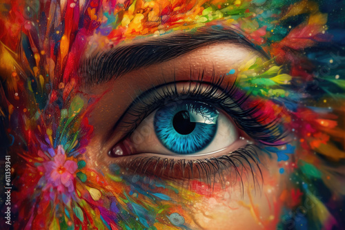 Vibrant Kaleidoscope: A Woman's Rainbow Eye. Generative AI