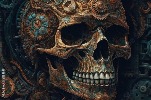 Mystical Machinery  Steampunk Skull Amidst Gears. Generative AI