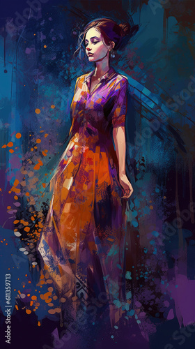 Splashed with Style: A Fashionable Woman amidst Purple Splatters. Generative AI