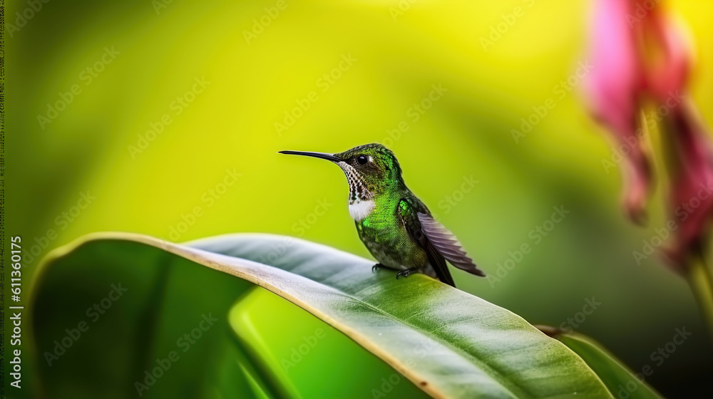 Obraz premium A Delicate Colibri Perched on a Green Leaf Amidst a Verdant Tapestry of Foliage on blurred background. Generative AI