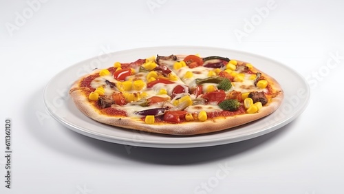 A plate of grilled vegetable pizza with mozzarella cheese and tomato sauce on White Background with copy space for your text created with generative AI technology