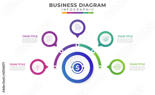 5 steps Mind Map diagram, presentation vector infographic template for business.