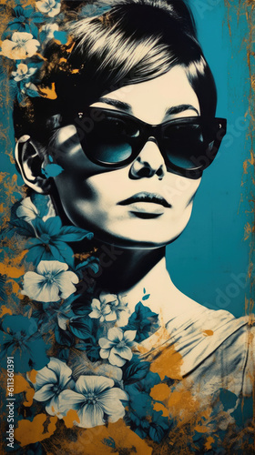 Graphic Design Poster featuring Floral Sunglasses Girl. Generative AI
