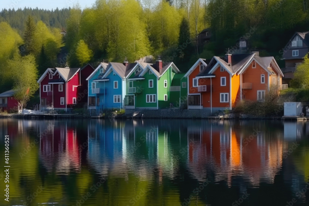 Colorful Lakeshore Houses. Generative AI