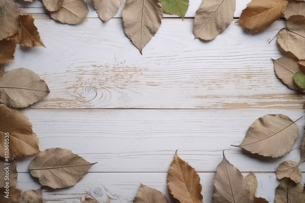 Close-Up of White Wooden Surface with Scattered Leaves, Minimal and Natural