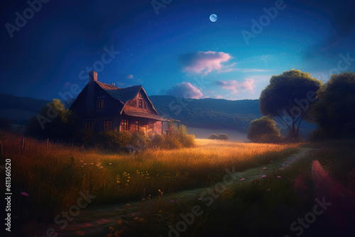 Enchanting Moonlit Farmhouse: Surreal Organic Background. Generative AI photo