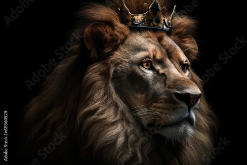 Regal Majesty  Lion Wearing a Crown. Generative AI