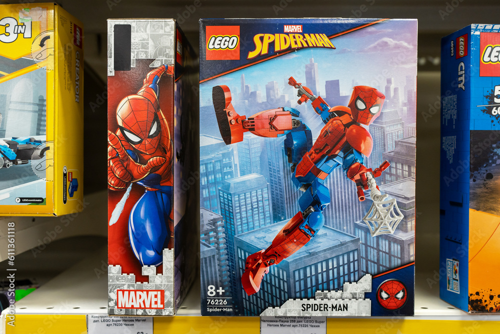 Naklejka premium Lego Spiderman on the store shelf. Spider-Man is a fictional superhero in American comic books published by Marvel Comics. Minsk, Belarus, 2023