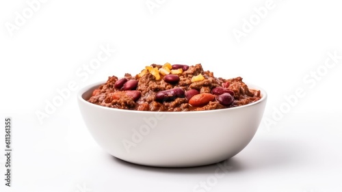 A warm bowl of chili with beef, beans, and spices on White Background with copy space for your text created with generative AI technology