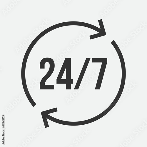 24 7 icon vector. 24 hour service clock.