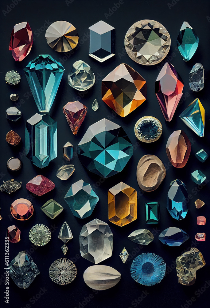 Multicolored precious stones and minerals on display. Generative AI.