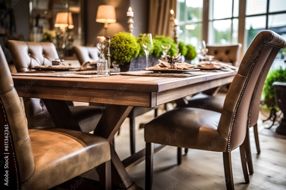 Country dining room decor, interior design and house improvement, elegant table with chairs, furniture and home decor, cottage style, generative ai