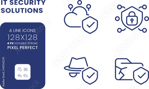 Data security solutions linear desktop icons set. Cloud computing provider. Database encryption. Pixel perfect 128x128, outline 4px. Isolated user interface elements pack for website. Editable stroke
