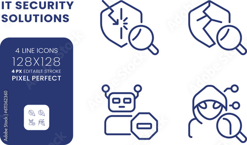 Cybersecurity solutions linear desktop icons set. Hacking prevention. Bot traffic detection. Pixel perfect 128x128, outline 4px. Isolated user interface elements pack for website. Editable stroke