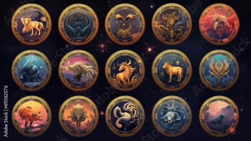 Set of magical zodiac signs in universe. concept, belief, fortune teller. Generative Ai