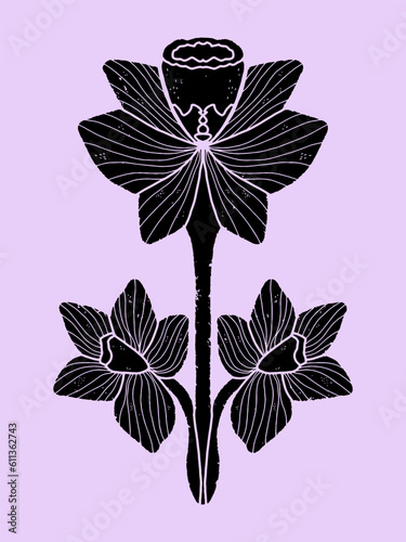 Daffodils. Grunge texture black element. Illustration in linocut style, folk art, Scandinavian style. Element for design.