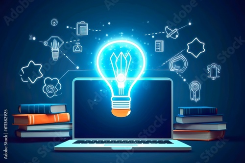 E-Learning-Programmkonzept für Graduiertenzertifikate. Glühbirne auf Buch mit Abschlusskappe und Bildungssymbolen. Abschluss des Internet-Bildungskurses, Online-Lernkonzept. Webinare ,Generative AI