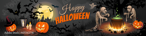 Halloween banner with tradition symbols. Pumpkins and mummy on black Moon background, illustration. 